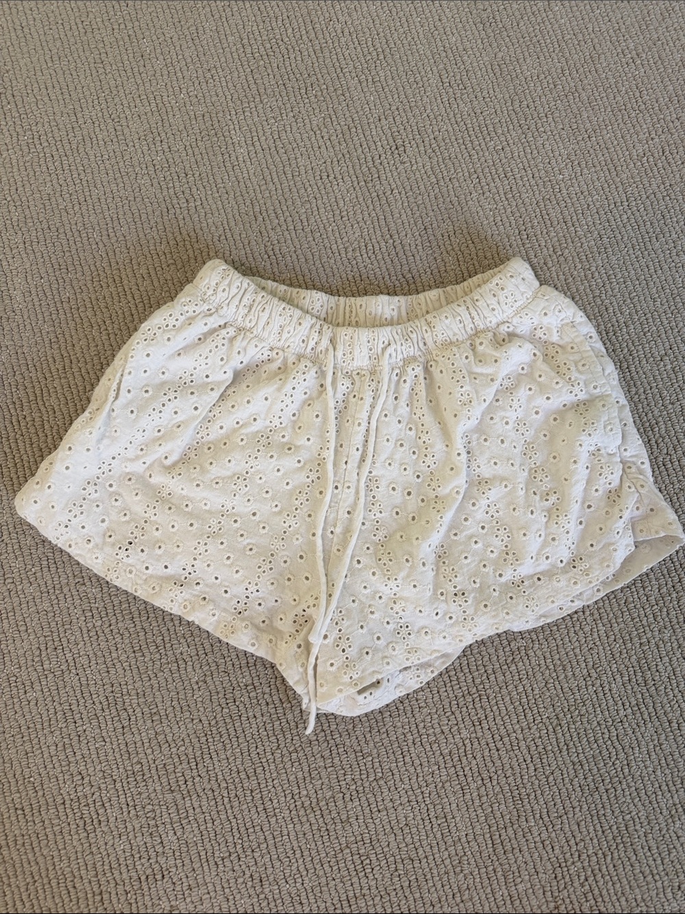 White Eyelet Drawstring Athletic Shorts with Elastic Waist